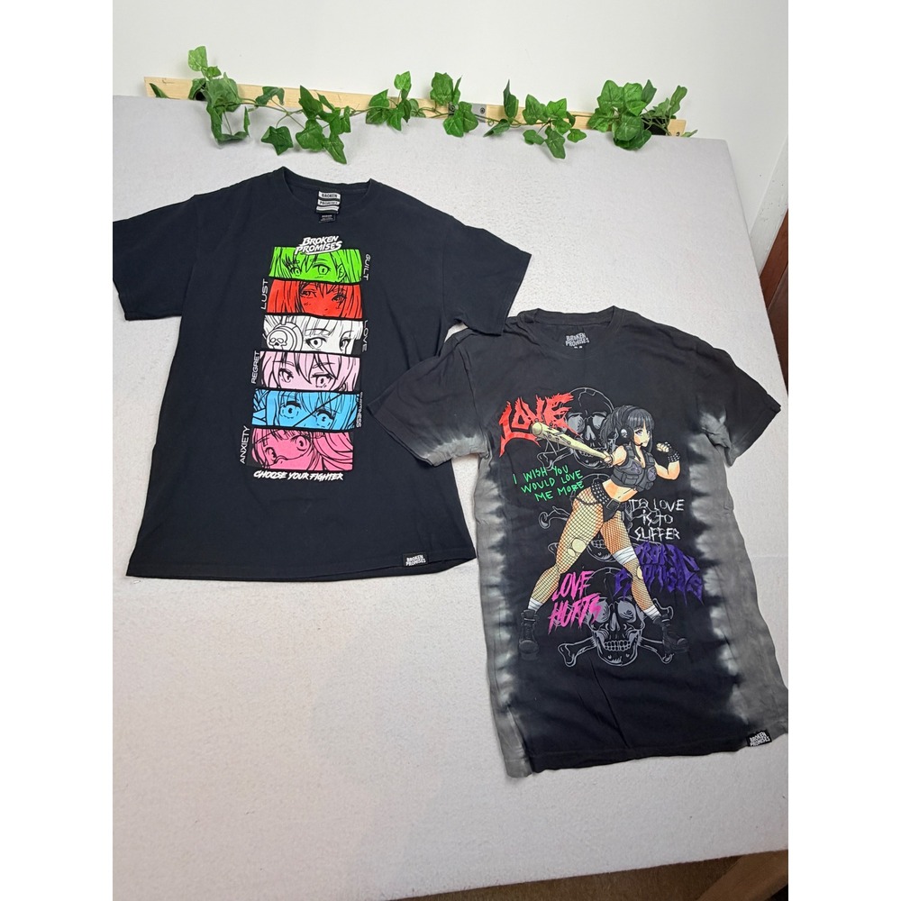 Broken Promises Anime Graphic T-Shirt Bundle Mens Medium Black Tie Dye 2 Pack
